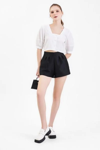 Áo croptop tay phồng cài nút màu xanh pastel, phong cách vintage thanh lịch, phù hợp cho nữ công sở