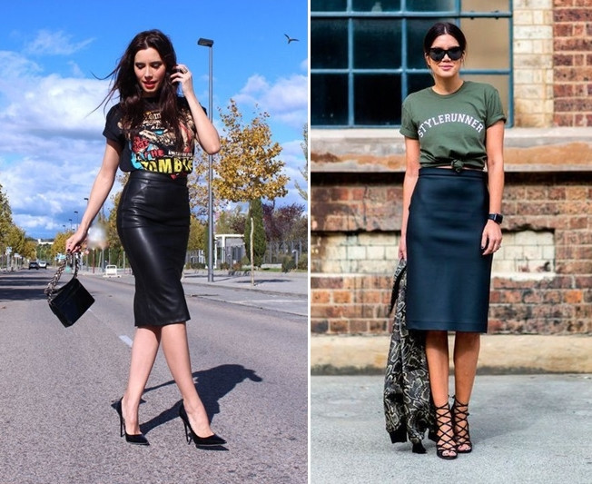 Áo phông biến tấu thành croptop cá tính kết hợp chân váy bút chì da sành điệu