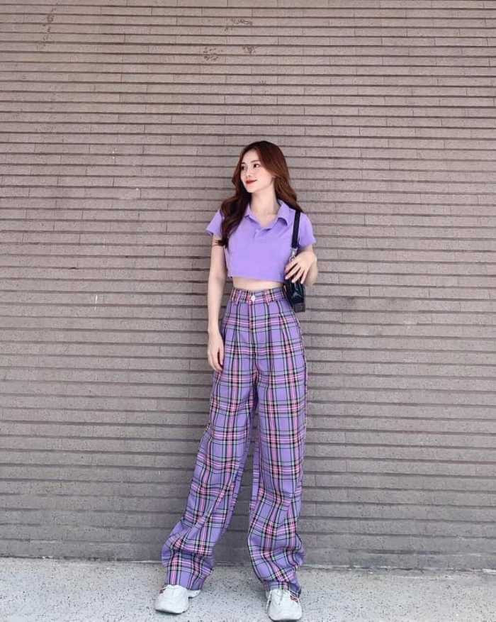 Bộ quần ống suông kẻ caro kết hợp áo croptop polo sành điệu, phong cách vintage