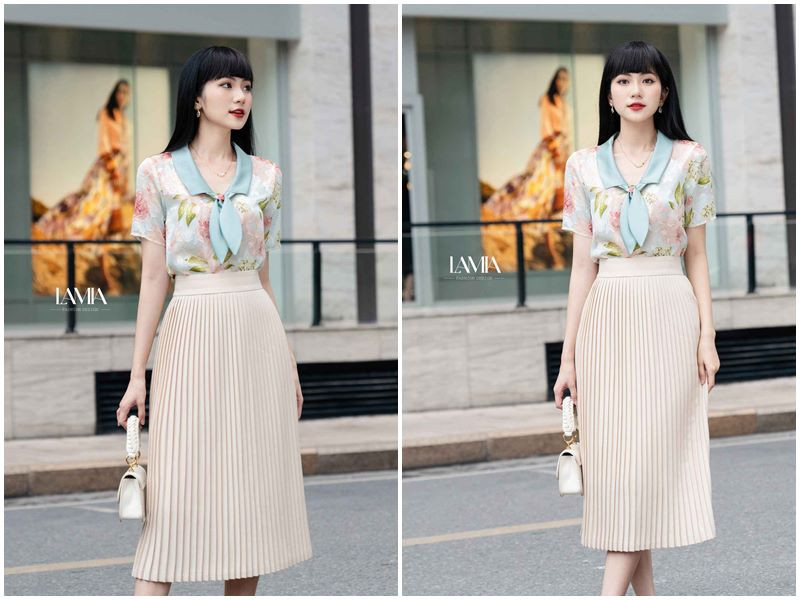 Chân váy xếp ly dài màu pastel nhẹ nhàng, phom dáng bay bổng