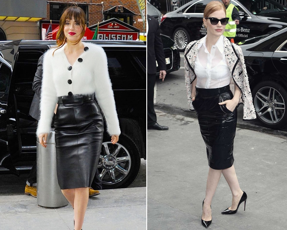 Dakota Johnson và Jessica Chastain với set chân váy bút chì đen và áo trắng kinh điển