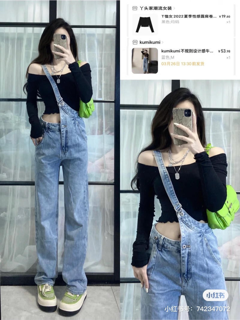 Mẫu áo trễ vai lệch một bên kết hợp quần yếm jean và giày thể thao