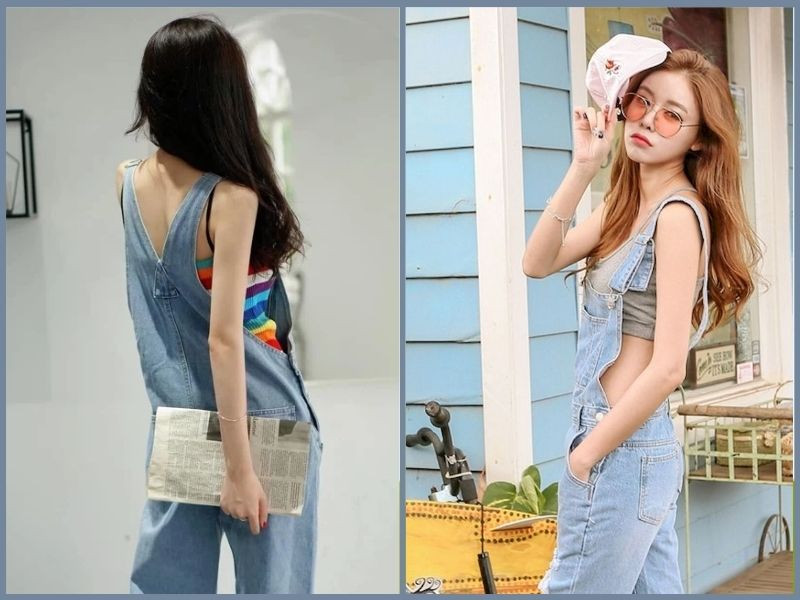 Áo hai dây trắng và quần yếm denim xanh, quần áo đi chơi mùa hè nữ đáng yêu và trẻ trung