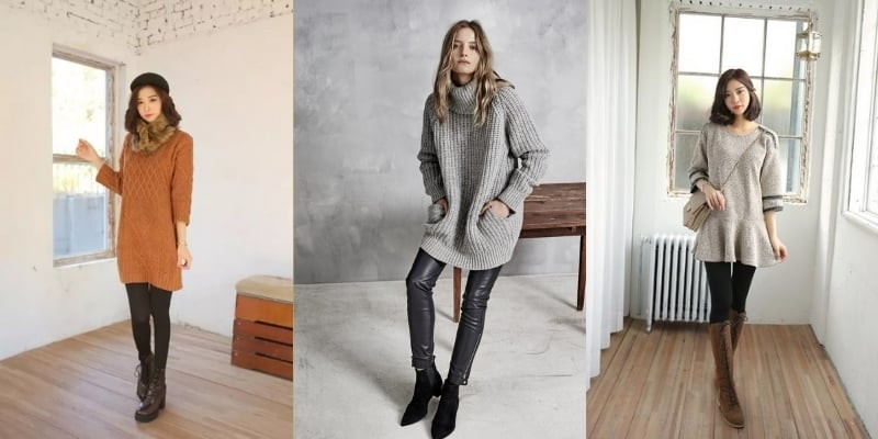 Áo len rộng màu trắng kem, phối cùng quần legging da bóng đen, tạo vẻ ngoài đơn giản nhưng vô cùng cuốn hút và tôn dáng.