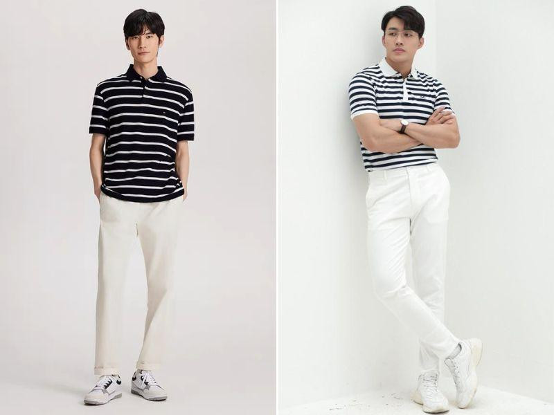 Áo polo kẻ sọc kết hợp quần tây mang lại vẻ trẻ trung, năng động cho nam giới
