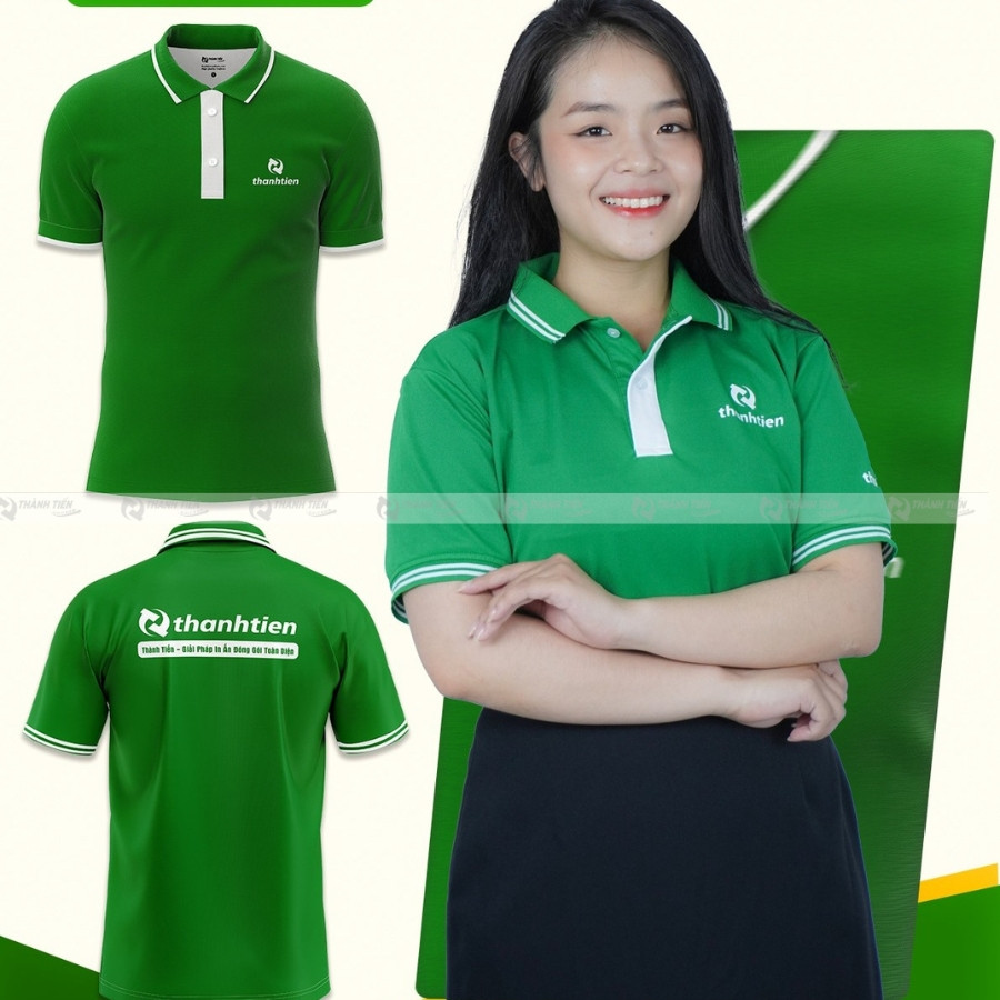 Áo thun đồng phục đẹp cho công ty, màu trắng phối cổ và tay áo xanh, phù hợp với nhiều ngành nghề