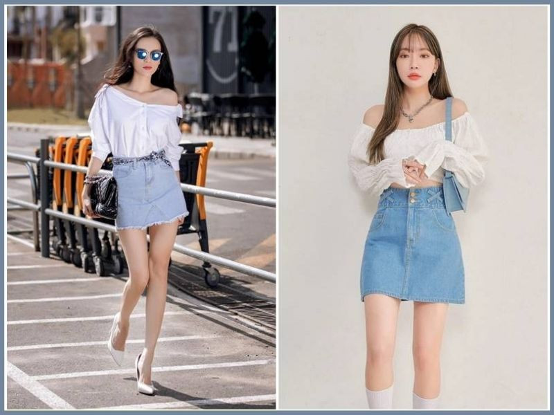 Áo trễ vai trắng và quần jean ống rộng, trang phục đi chơi mùa hè nữ quyến rũ và thanh lịch