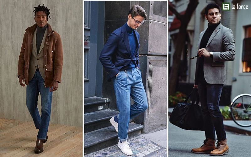 Bản phối sành điệu áo vest xám đậm, áo len cổ lọ đen và quần jean nam, thích hợp cho mùa đông