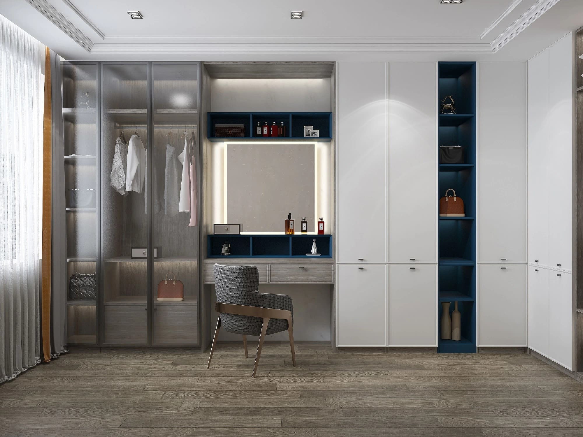 Bàn trang điểm liền tủ quần áo tạo nên không gian sống tinh tế và sang trọng