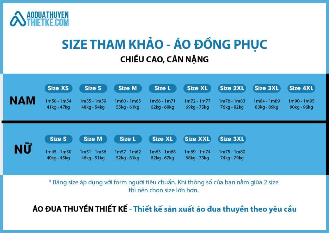 Bảng kích thước chi tiết dành cho quần áo đua thuyền thi đấu nam và nữ, giúp vận động viên chọn trang phục vừa vặn tối ưu cho hiệu suất.