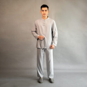 Bộ pháp phục cư sĩ nam tay dài màu xám, chất liệu linen Hàn Quốc, phù hợp đi chùa tại Hà Nội