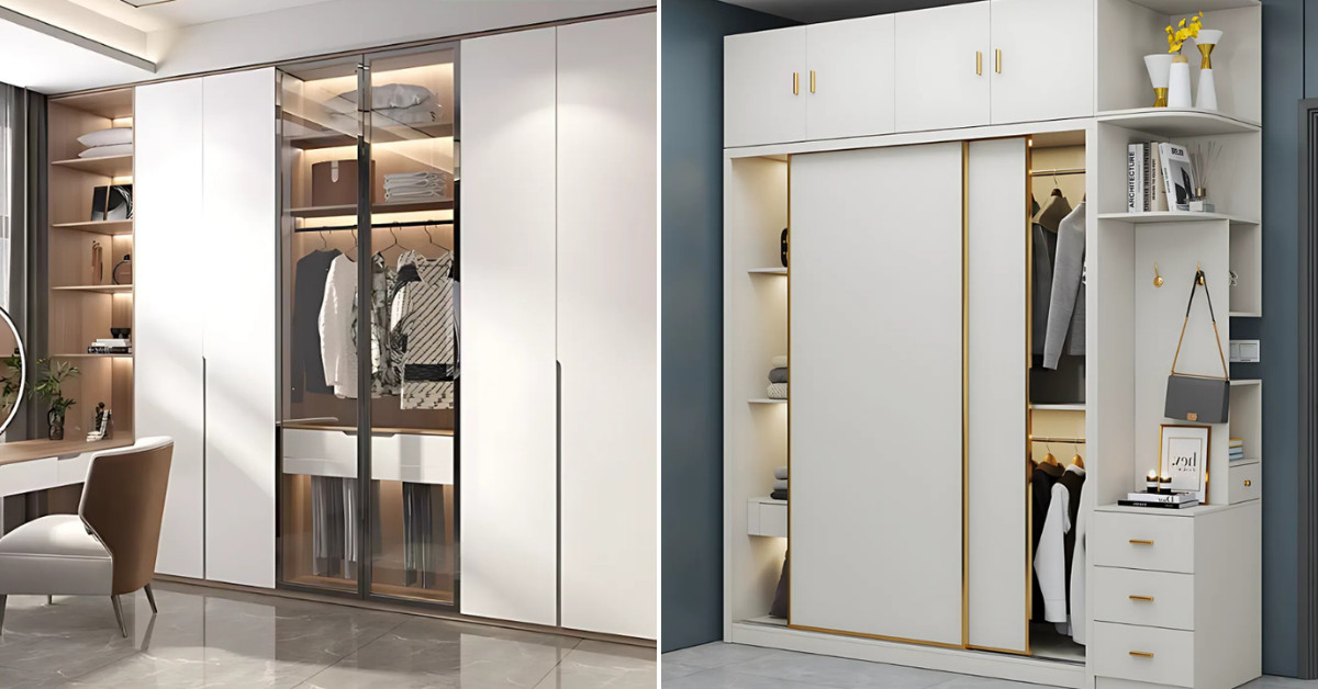 Bố trí tủ quần áo góc chữ L màu gỗ nhạt, tận dụng tối đa góc phòng, kết hợp các ngăn kệ thông minh để lưu trữ đồ đạc hiệu quả.