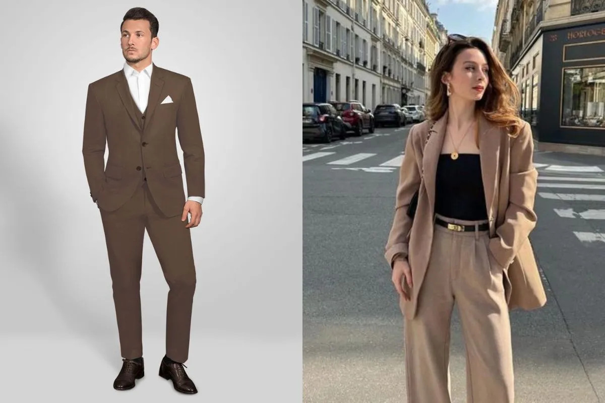 Bộ vest nâu lịch sự với quần tây ống đứng và áo blazer cùng màu, kết hợp áo thun trắng bên trong, phù hợp cho môi trường công sở hoặc sự kiện trang trọng.