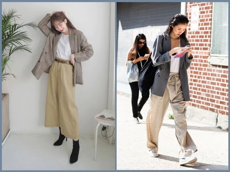 Các mẫu vải cotton, linen cho mùa hè và vải dạ, kaki mềm cho mùa đông, thể hiện sự đa dạng chất liệu để phối đồ với quần ống suông theo từng mùa