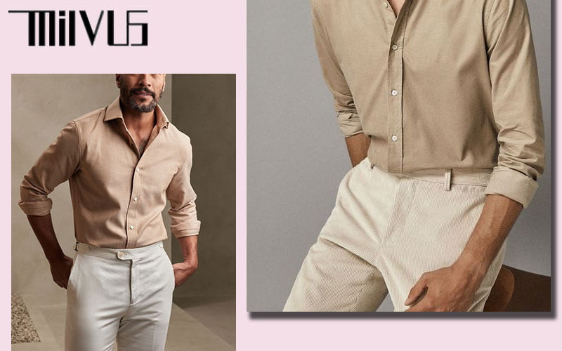 Cận cảnh chất liệu vải cao cấp và phụ kiện tinh tế như đồng hồ, túi xách, thể hiện tầm quan trọng của việc lựa chọn phụ kiện và chất liệu khi phối đồ áo màu be, giúp outfit hoàn hảo hơn.