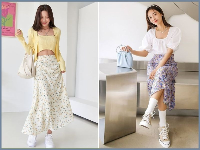 Chân váy hoa nhí và áo hai dây trắng, quần áo đi chơi mùa hè nữ phong cách nhẹ nhàng