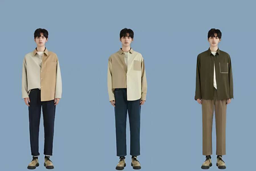 Chàng trai sành điệu với áo sơ mi tay dài phối màu trắng đen, kết hợp quần cropped pants và giày sneaker trắng, tạo điểm nhấn cá tính.