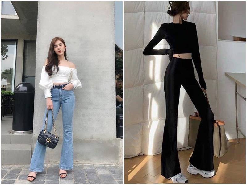 Cô gái cá tính diện áo croptop trắng tay dài và quần jean ống loe, kết hợp phụ kiện kính râm sành điệu
