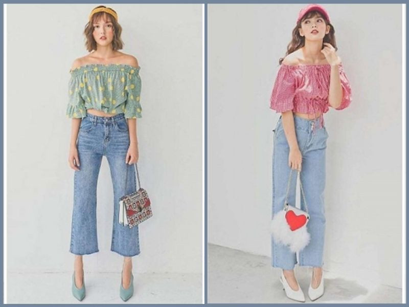 Cô gái diện áo trễ vai trắng kết hợp quần suông ống rộng màu xám, tạo vẻ ngoài quyến rũ, nữ tính và thanh thoát cho buổi hẹn hò.