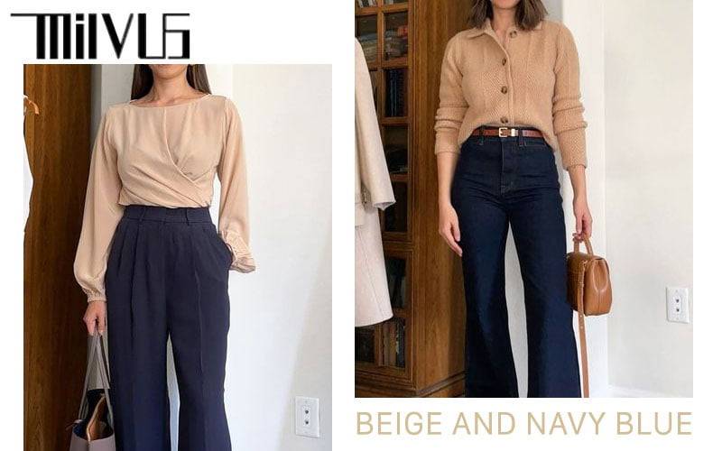 Cô gái mặc áo khoác blazer màu be và quần tây xanh navy, kết hợp túi xách đen và giày cao gót, tạo phong cách công sở hiện đại, chuyên nghiệp, tối ưu cho áo màu be mặc với quần gì.