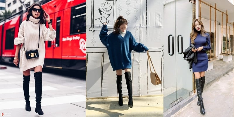 Cô gái mặc áo len rộng dáng dài màu kem, kết hợp cùng quần short jean và boot cổ cao màu nâu, tạo phong cách cá tính, sành điệu.