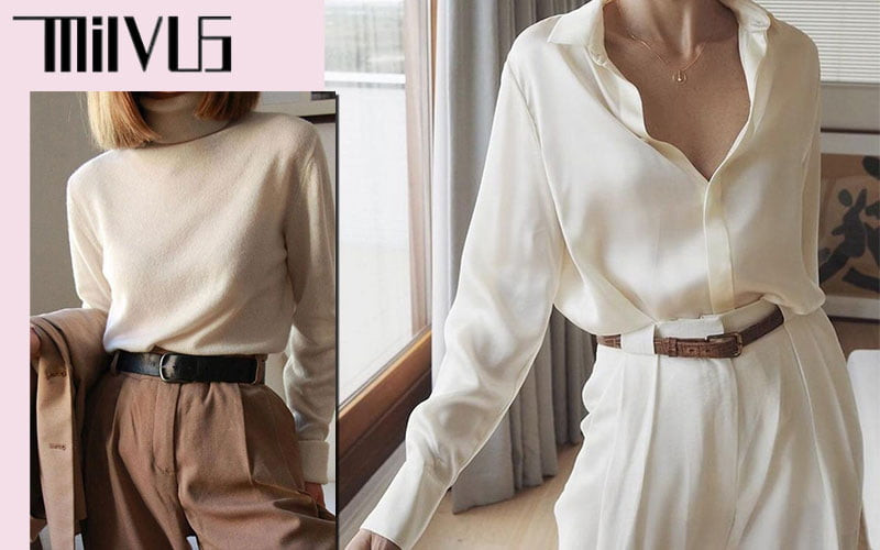 Cô gái mặc áo sơ mi len màu be ấm áp phối cùng quần ống rộng màu kem nhạt, tạo nên vẻ ngoài vintage, thanh lịch theo nguyên tắc phối màu tương đồng, gợi ý cho áo màu be mặc với quần gì phong cách retro.