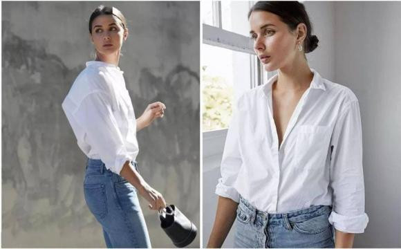 Cô gái mặc áo sơ mi trắng oversized và quần jean ống rộng, tạo phong cách năng động