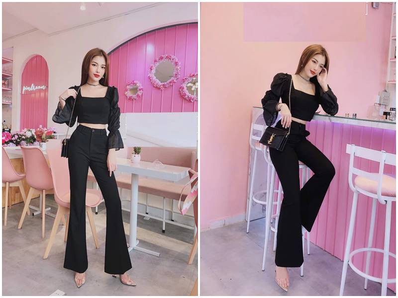 Cô gái mặc áo tay phồng trắng và quần jean ống loe, phong cách thanh lịch cho người vai to