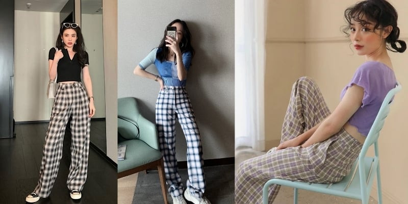 cô gái mặc quần caro ống rộng với áo croptop tím