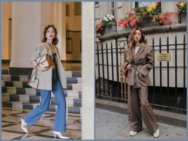 Cô gái mặc quần ống suông và áo thun, được bổ sung thêm phụ kiện như thắt lưng da, túi xách thanh lịch và khuyên tai to bản, tạo điểm nhấn phong cách