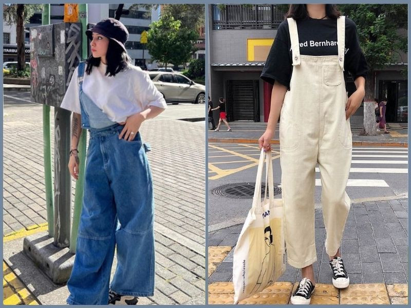 Cô gái năng động diện áo phông rộng trắng cùng quần yếm jeans xanh