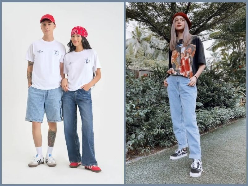 Cô gái sành điệu với áo thun phom rộng trắng và quần jeans xanh rách nhẹ