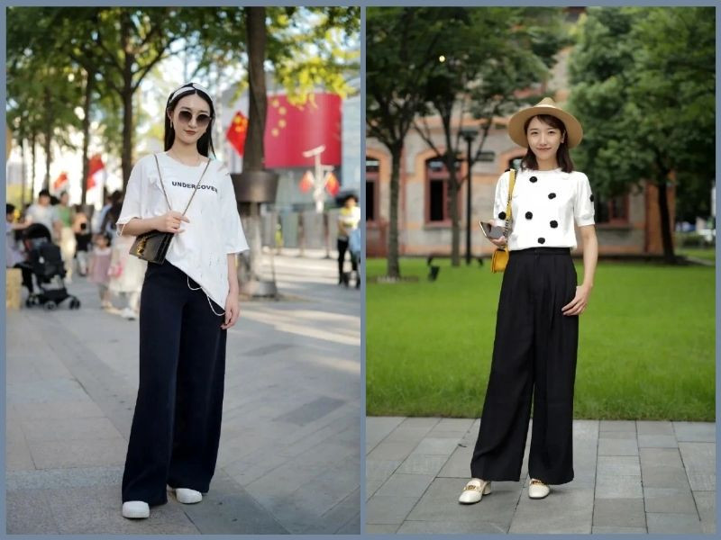 Cô gái trẻ trung phối quần suông ống rộng màu be với áo phông trắng cơ bản, tạo phong cách dạo phố năng động và thoải mái.