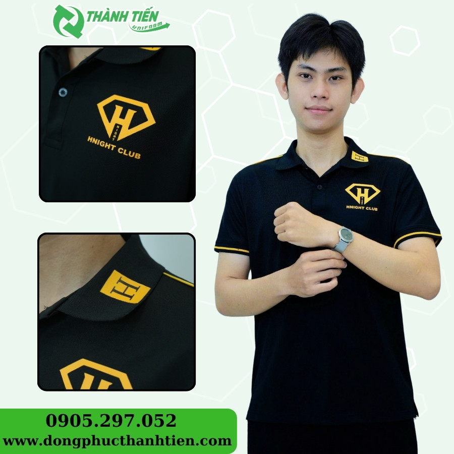 Đồng phục áo polo nhân viên Hnight Club màu đen sang trọng, chất liệu vải cá sấu poly cao cấp, in logo chuyên nghiệp