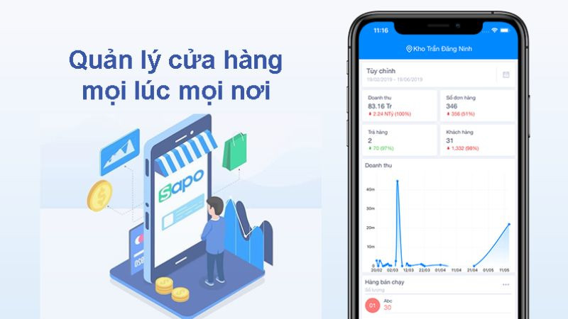 Giao diện phần mềm Sapo POS trên máy tính, thể hiện khả năng quản lý bán hàng quần áo hiệu quả, từ tồn kho đến doanh thu.