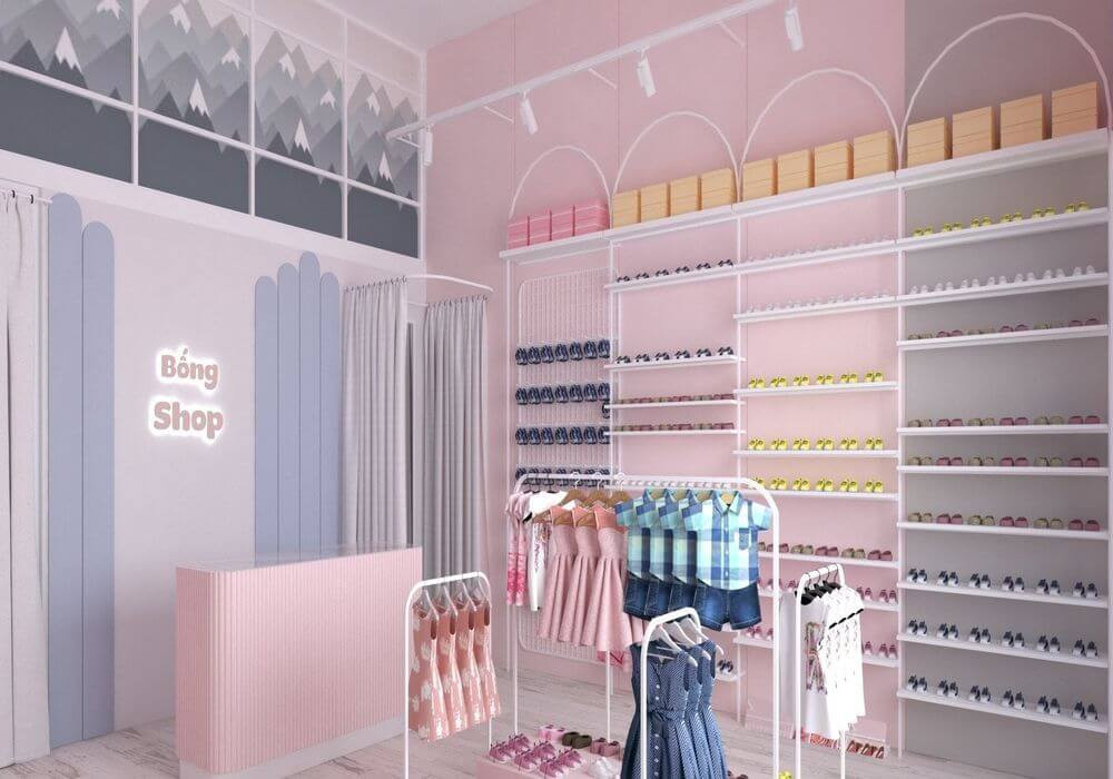 Gợi ý cách trang trí mẫu shop quần áo trẻ em đơn giản nhưng hiện đại với không gian thoáng đãng
