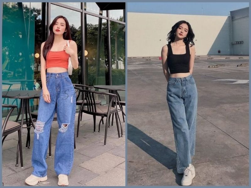 Gợi ý phối đồ cá tính với quần jean ống suông và áo hai dây màu đen, tạo vẻ ngoài cuốn hút và thời thượng cho buổi đi chơi.