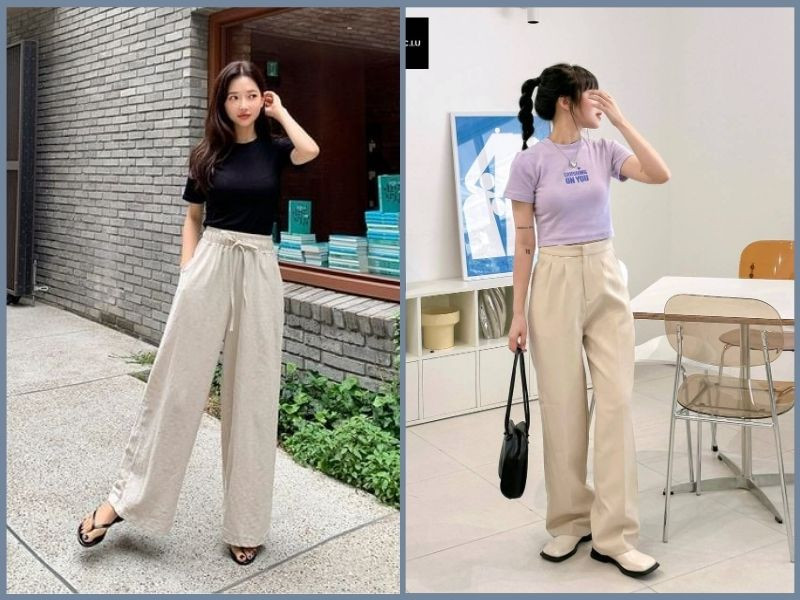 Gợi ý phối đồ với quần suông ống rộng cạp cao và áo croptop đen tôn dáng, giúp kéo dài đôi chân và khoe vòng eo thon gọn.