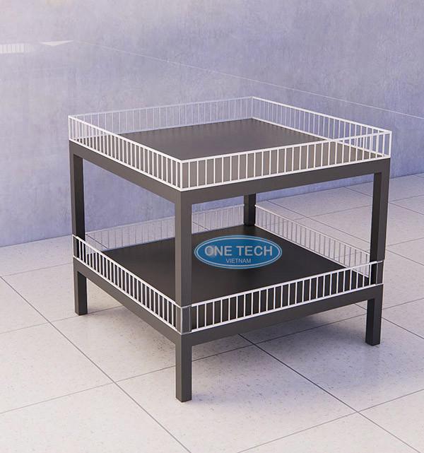 Kệ vuông trưng bày quần áo gấp gọn gàng 2 tầng, tối ưu không gian trung tâm cửa hàng, thích hợp cho các mặt hàng khuyến mãi