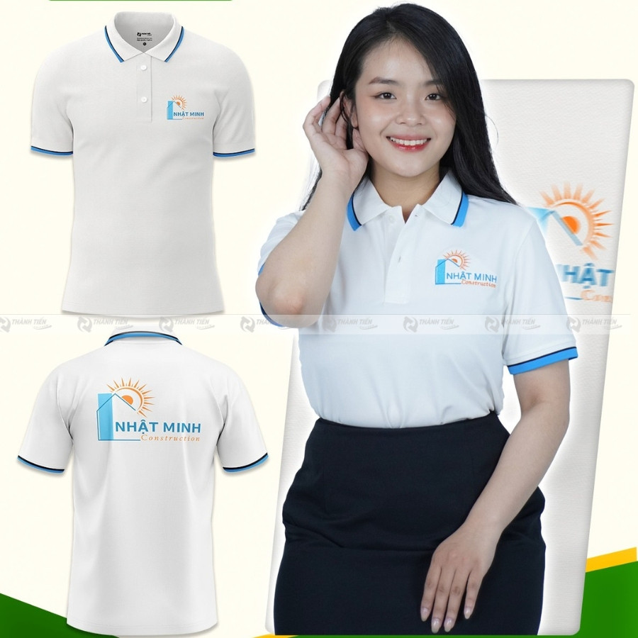 Mẫu áo polo đồng phục công ty cao cấp màu xanh đen, bo cổ và tay áo viền đỏ, thể hiện phong cách chuyên nghiệp