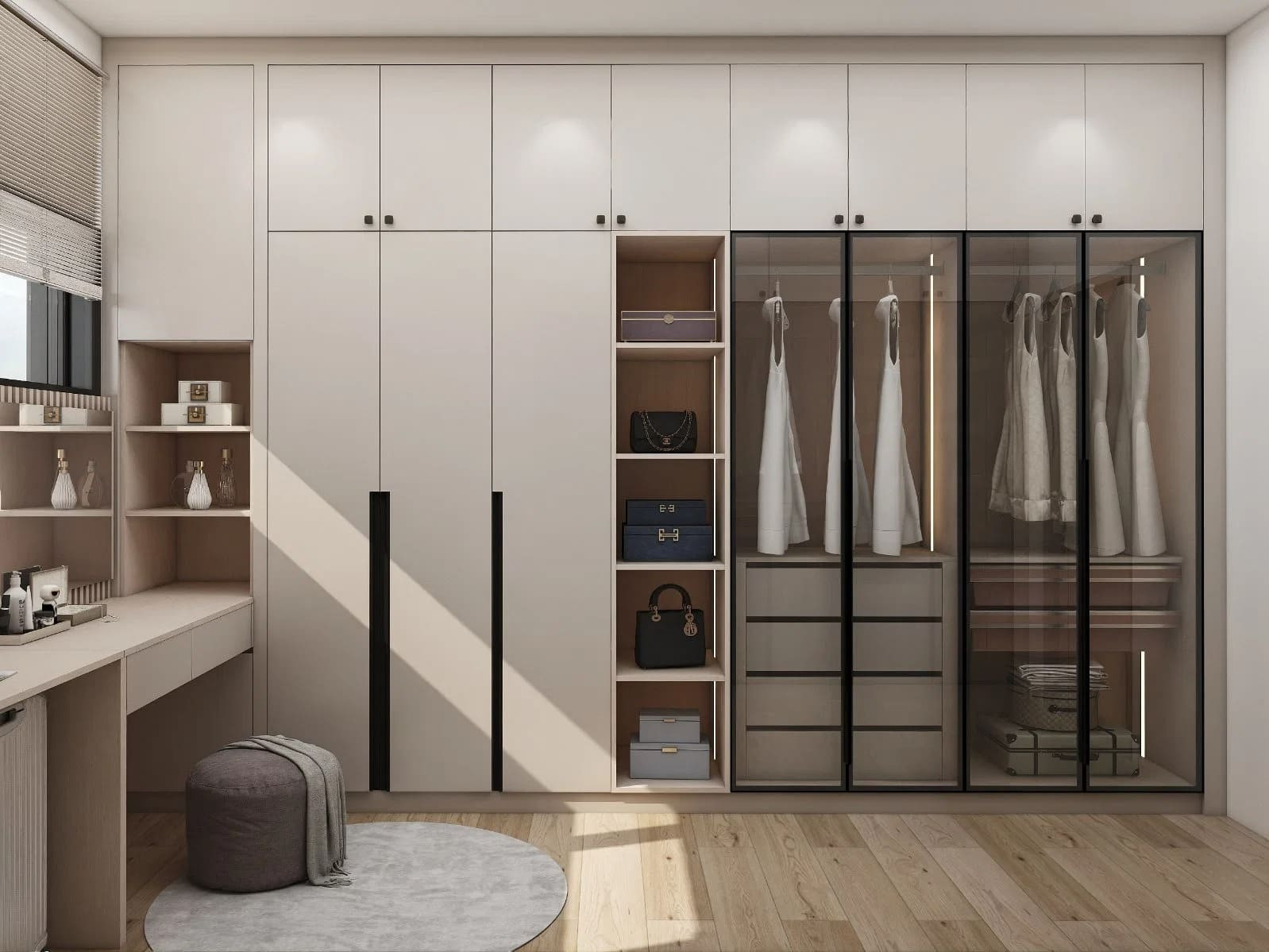 Mẫu bàn trang điểm liền tủ quần áo chữ L hiện đại và sang trọng