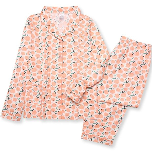 Mẫu đồ bộ cotton sau sinh màu cam họa tiết dễ thương, tiện lợi cho mẹ bỉm