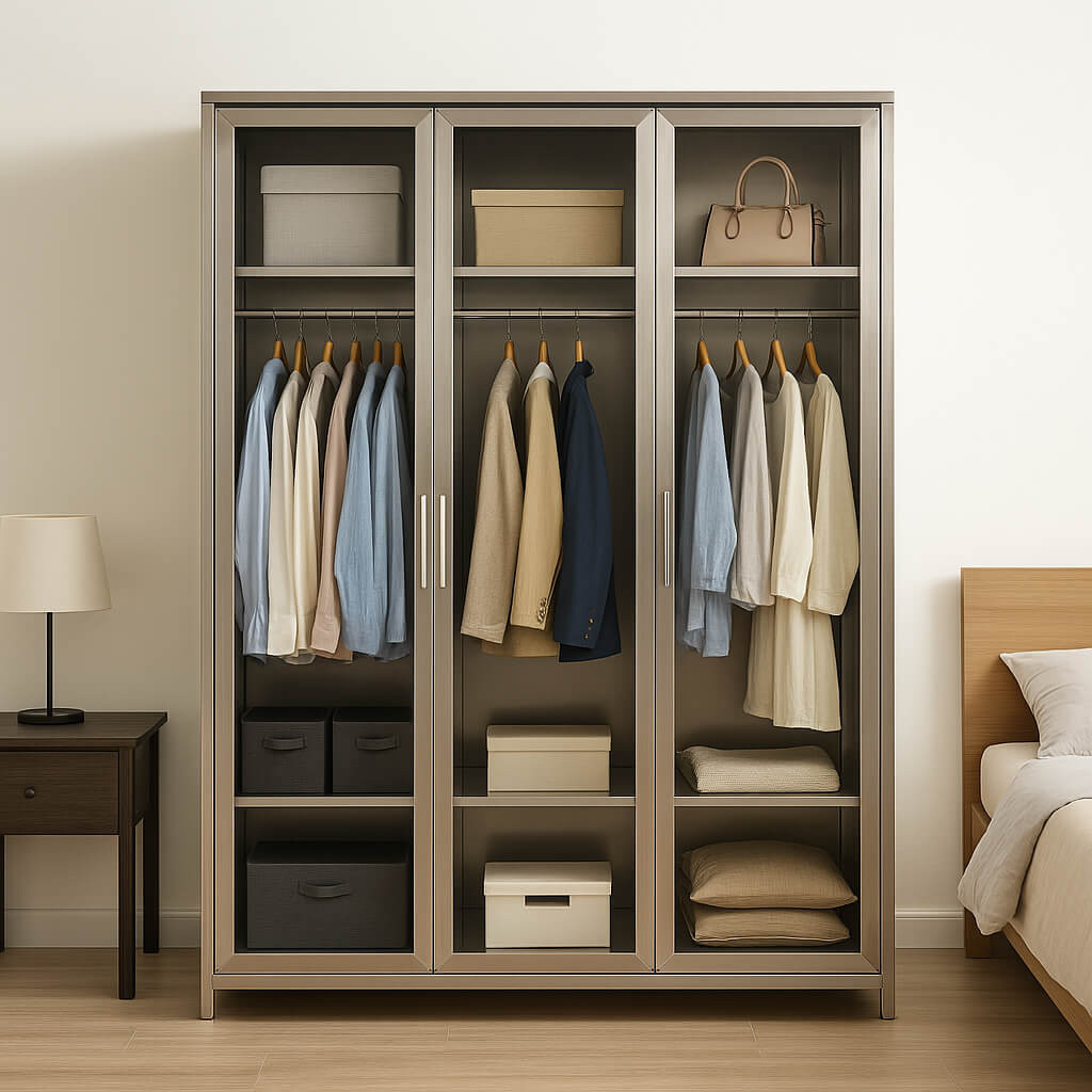 Mẫu tủ quần áo inox 3 cánh có gương, thiết kế hiện đại, cung cấp không gian rộng rãi cho gia đình 3-4 người.