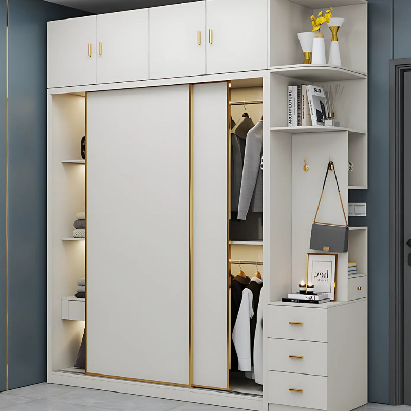 Mẫu tủ quần áo kết hợp bàn làm việc nhỏ gọn, hiện đại với tông màu trắng xám, phù hợp cho phòng ngủ diện tích hạn chế.
