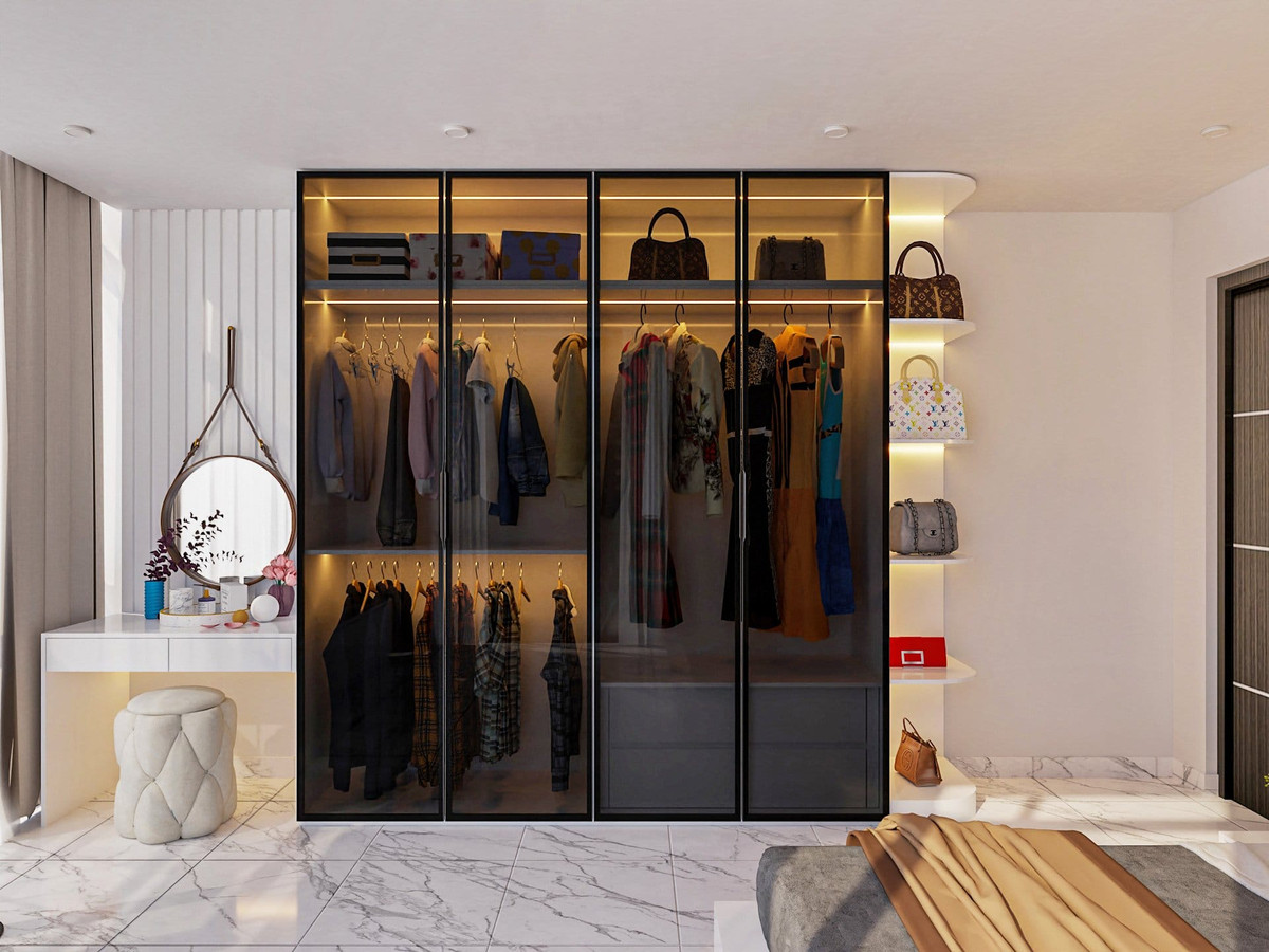 Mẫu tủ quần áo nhôm kính hiện đại sử dụng hệ nhôm 55 màu xám sang trọng, thiết kế nhiều ngăn kệ thông minh, phù hợp với không gian phòng ngủ.