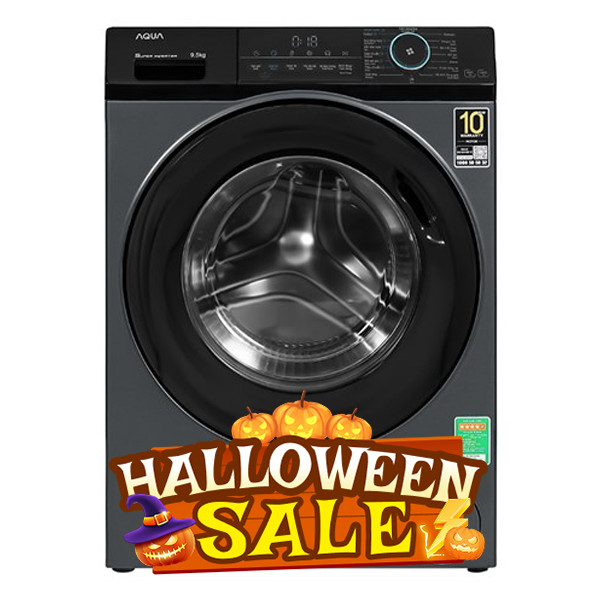 Máy giặt sấy Aqua Inverter cửa ngang màu đen, biểu tượng của công nghệ tiết kiệm điện và thiết kế hiện đại, phù hợp cho gia đình có nhu cầu giặt và sấy quần áo hiệu quả.