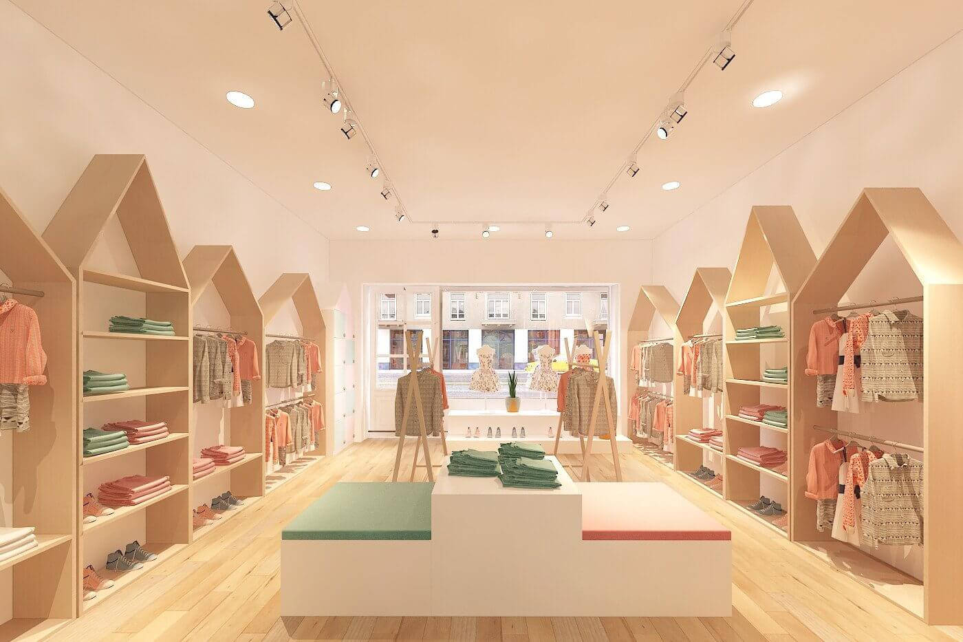 Minh họa cách trang trí và sắp xếp sản phẩm trong mẫu shop quần áo trẻ em để tối ưu chi phí