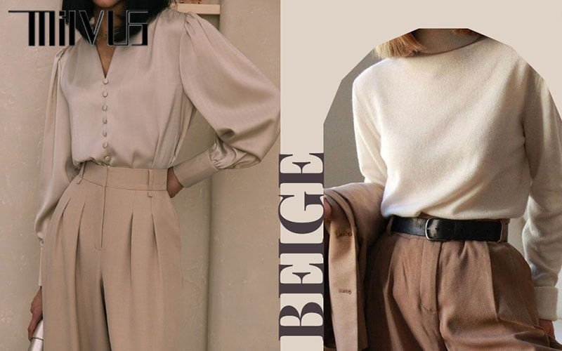 Nam người mẫu diện set đồ đơn sắc với áo khoác blazer màu be và quần âu cùng tông, thể hiện vẻ ngoài thanh lịch, sang trọng khi phối áo màu be mặc với quần gì kiểu ton-sur-ton.