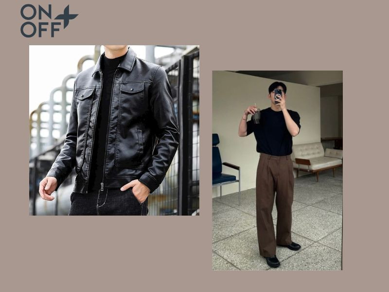 Người đàn ông mặc áo khoác da đen, áo len cổ lọ trắng và quần tây màu nâu, tạo phong cách mạnh mẽ, cá tính