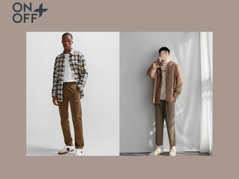 Người đàn ông mặc áo sơ mi kẻ caro màu nâu phối với quần tây nâu và giày da, tạo vẻ cổ điển, lãng tử